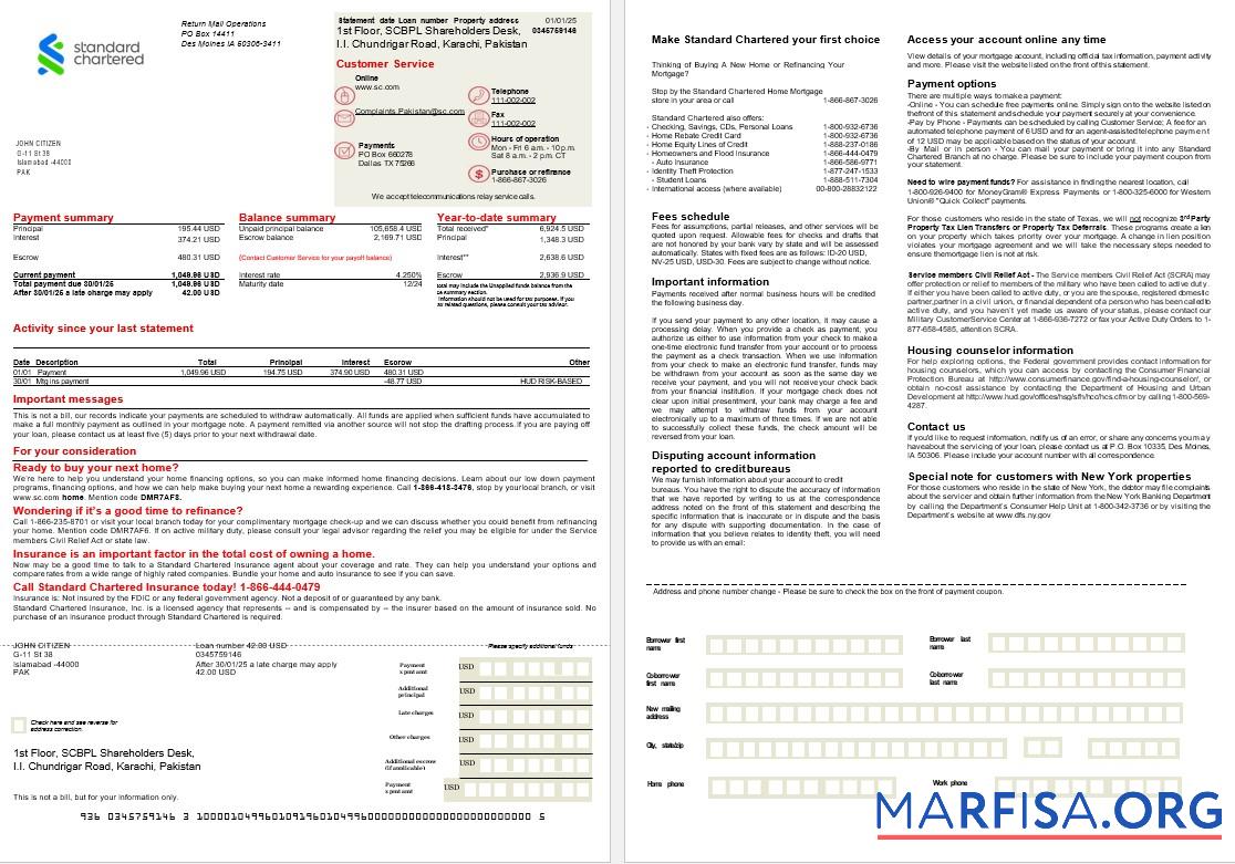 Printable Pakistan Standard Chartered mortgage statement in Word and PDF formats, 2 pages download for verification